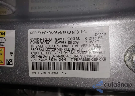 2018 Honda Accord Sport z USA, uszkodzony, nr VIN 1HGCV1F37JA150299